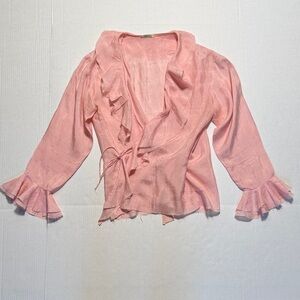 CHAN LUU 100% Silk Pink Ruffled Wrap Top Bell‎ Sleeves Handmade in Hanoi M/L?